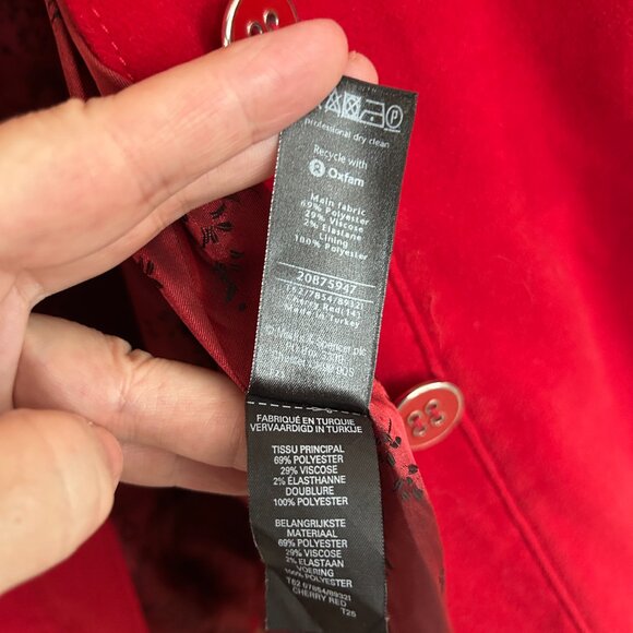 Per Una Cherry‎ Red Winter Coat Sz 14 Brushed Velvet Preppy Satin Twee 3/4 Bold - Picture 11 of 13